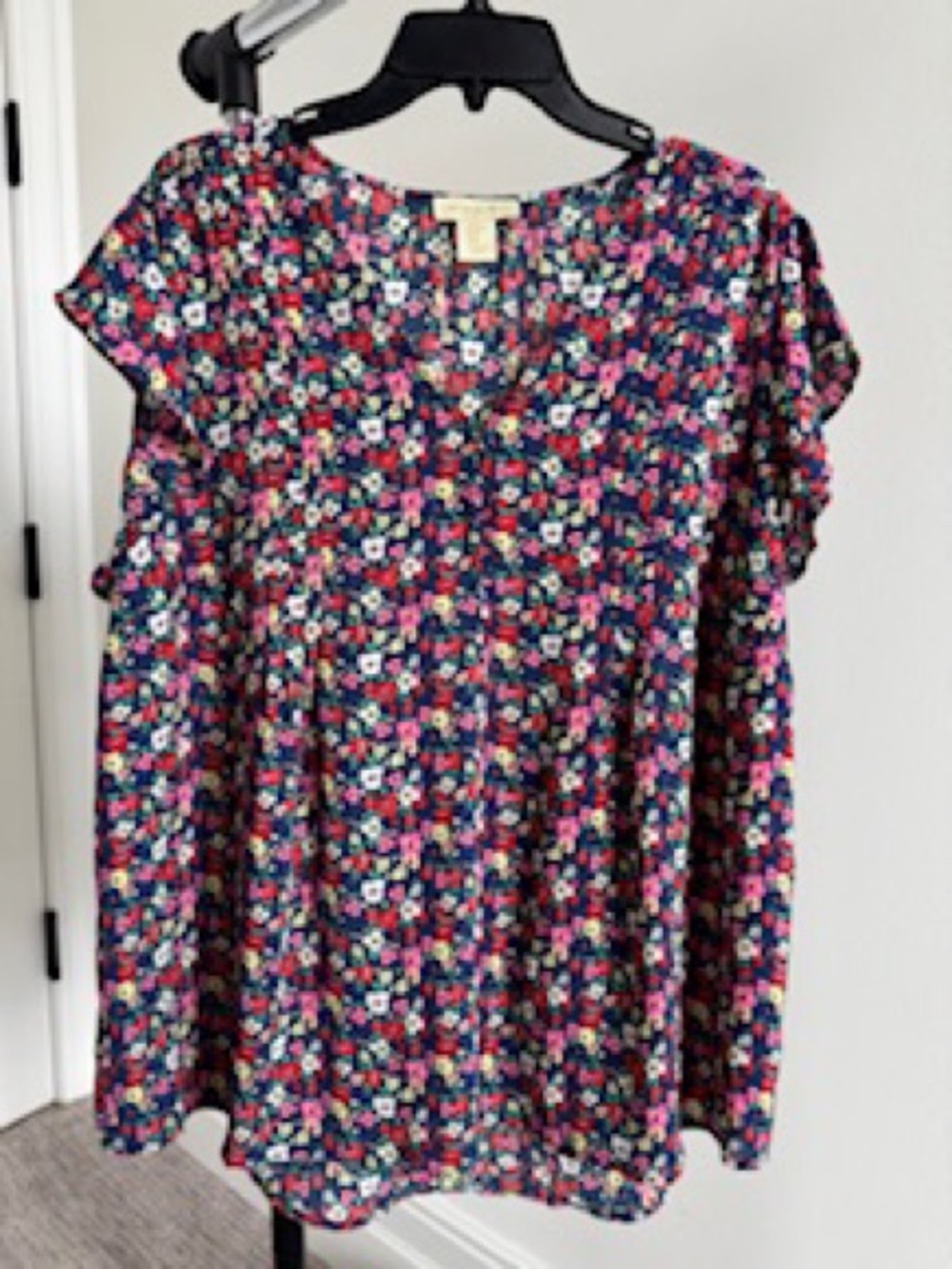 Cynthia Rowley Navy Floral Short-Sleeve Blouse with Color Accents